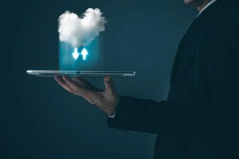 Man hold tablet cloud computing system diagram show on hand.Data storage.Di.. Фото