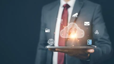 Man hold tablet with data information on the Cloud Computing Technology Inter 스톡 사진