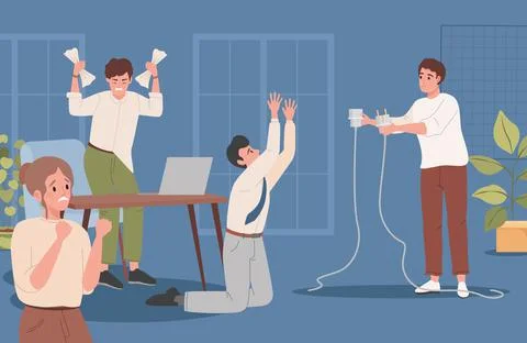 Man hold unplugged cable vector flat illustration. Office workers stressed with Stock Illustration