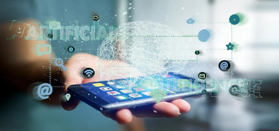 Man holding a 3d rendering artificial intelligence concept with a brain and a Stock Photos
