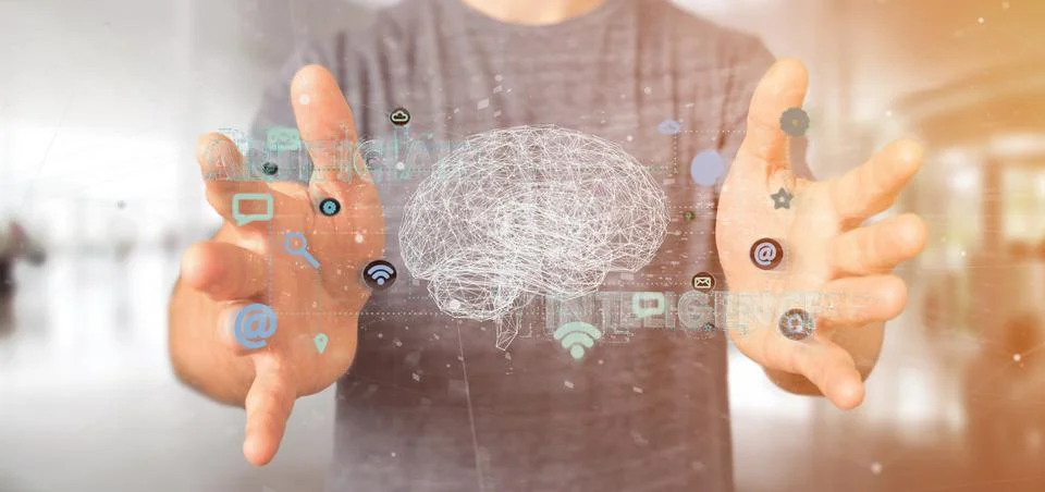 Man holding a 3d rendering artificial intelligence concept with a brain and a Stock Photos