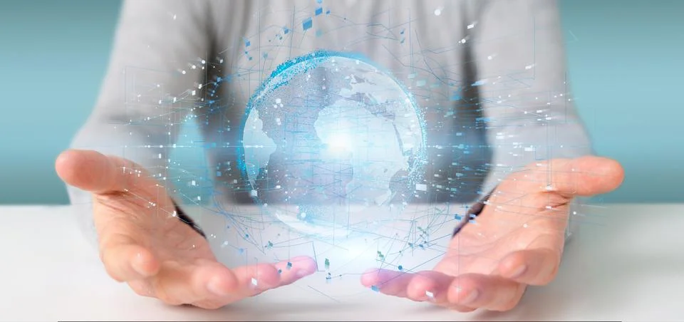 Man holding a 3d rendering data earth globe Stock Photos