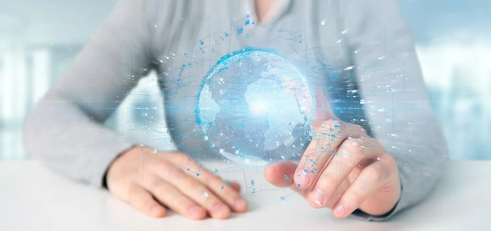 Man holding a 3d rendering data earth globe Stock Photos