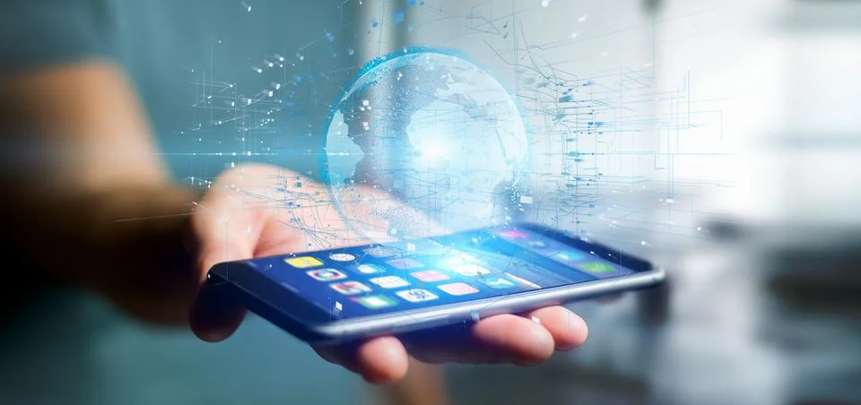 Man holding a 3d rendering data earth globe Stock Photos
