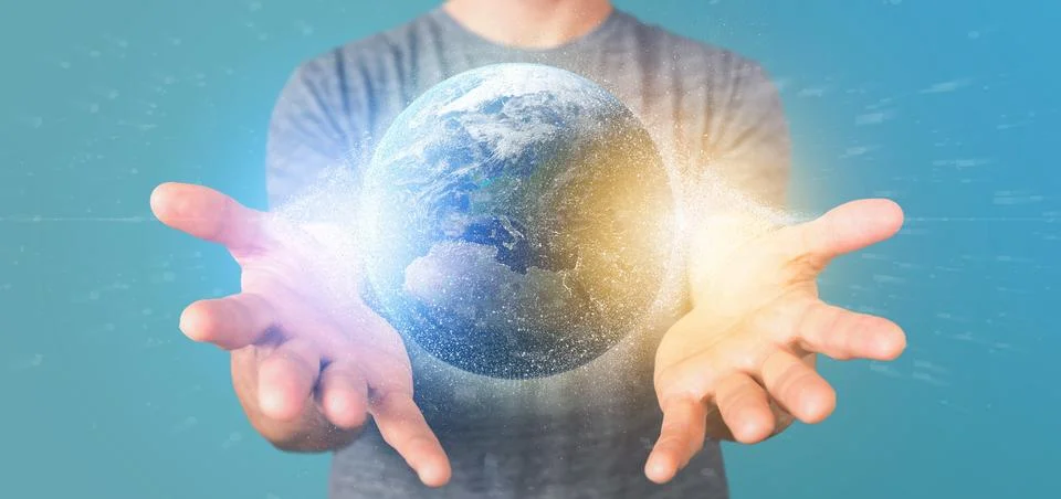 Man holding a 3d rendering particles earth globe Foto stock