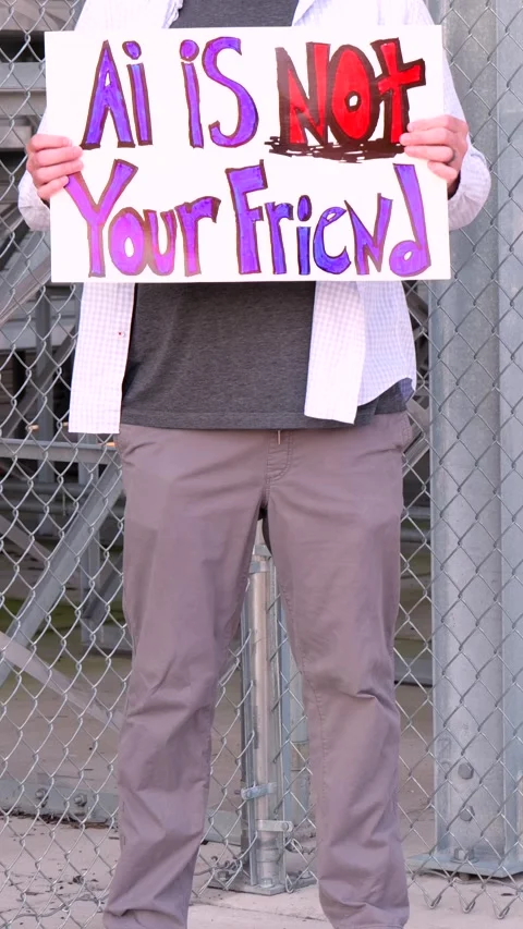 Man Holding AI Is Not Your Friend Protest Sign Stock Footage 337385024