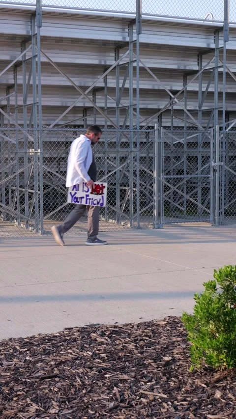 Man Holding AI Is Not Your Friend Protest Sign Stock Footage 337385025