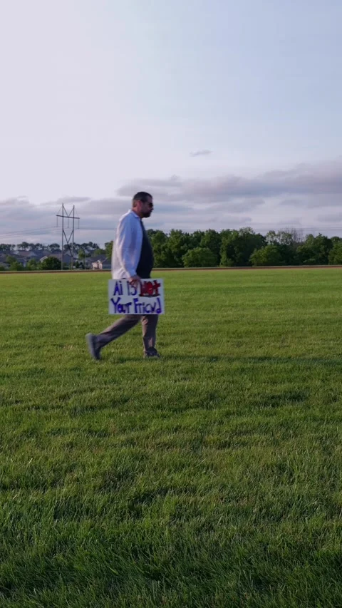 Man Holding AI Is Not Your Friend Protest Sign Stock Footage 337385026