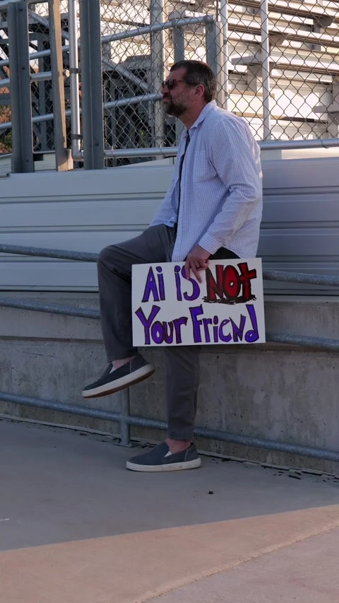 Man Holding AI Is Not Your Friend Protest Sign Stock Footage 337385027