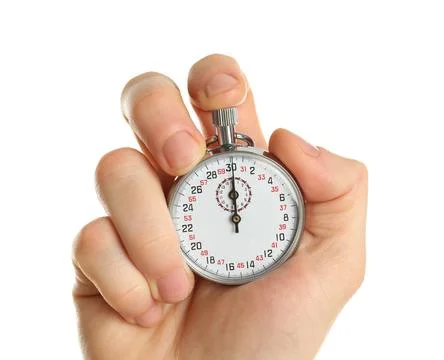 Man holding analog timer on white background, closeup Stock Photos