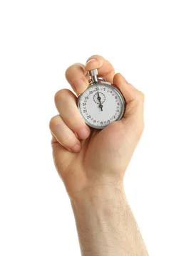 Man holding analog timer on white background, closeup Stock-Fotos