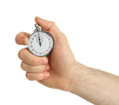 Man holding analog timer on white background, closeup Stock-Fotos