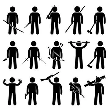 Man Holding and Using Weapons Stick Figure Pictogram Icons Stock-Illustration