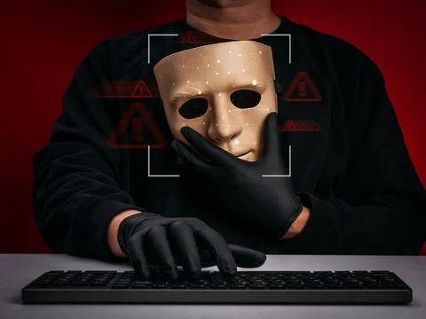 Man holding artificial face mask with facial recognition scanning overlay, .. Stock Photos