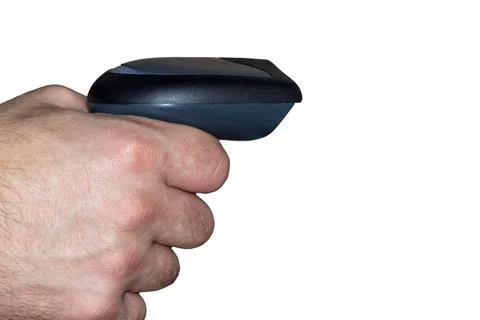 Man is holding barcode scanner in hand on white background. Close up of wareh Stock Photos