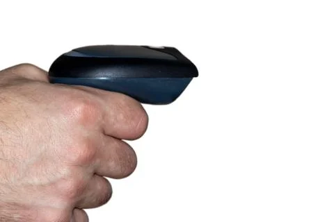 Man is holding barcode scanner in hand on white background. Close up of war.. Stock-Fotos