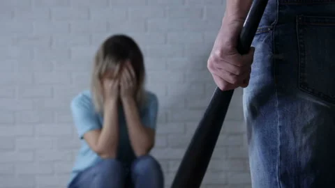 Man holding baseball bat look his wife. Desparate wife with aggressive husban Video stock 125023635