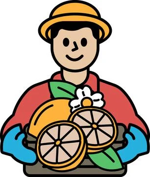 A man is holding a basket of fruit, including oranges and lemons Stock-Illustration