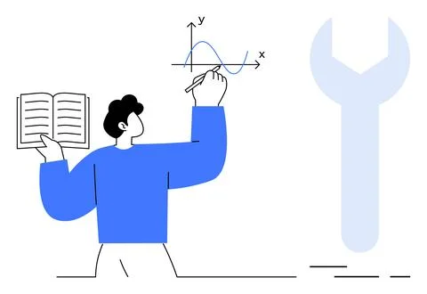 Man holding book, drawing graph on board with spanner symbol nearby. Ideal fo 스톡 일러스트