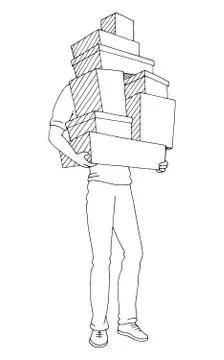 Man holding boxes graphic black white isolated sketch illustration vector Stock Illustration