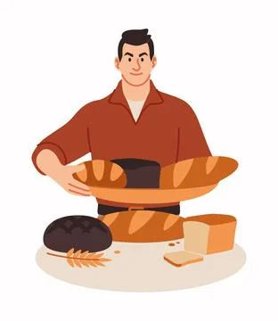 Man holding bread. Bakery assortment, fresh loaves, sliced toast pieces and w Stockillustratie