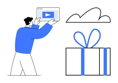 Man holding browser window with play button beside cloud and present box tied Illustrazione stock