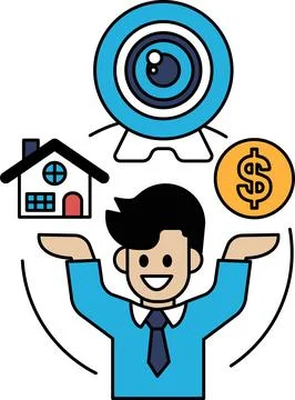 A man is holding a camera and smiling, with a house Stock Illustration