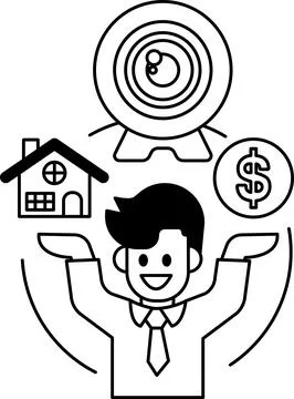 A man is holding a camera and smiling, with a house Stock Illustration