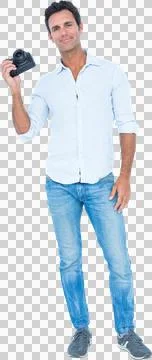 Man holding camera on white background Stock Illustration