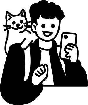 A man is holding a cat and a cell phone Stock Illustration