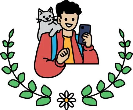 A man is holding a cat and looking at his phone イラスト素材