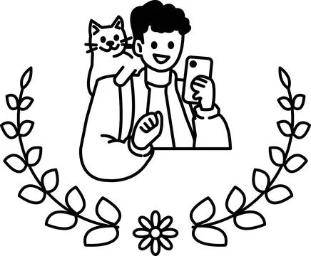 A man is holding a cat and looking at his phone イラスト素材
