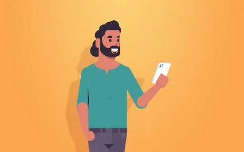 Man holding cellphone arab guy using smartphone mobile app social media commu Stock Illustration