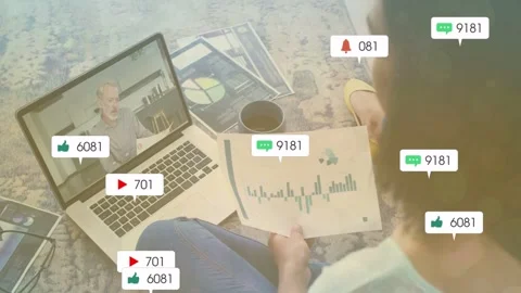 Man holding chart, glancing at laptop as host gesturing, badges piling on charts Stock Footage 333288008