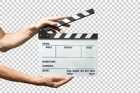 Man is holding clapper board in hand. Concept of filmmaking. Isolated on tr.. Stock Photos
