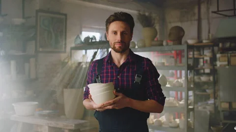 Man Is Holding Clay Pots In Workshop Stock Footage 170026260
