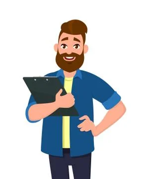 Man holding a clipboard/report/document in hand. Vector cartoon. Stock Illustration