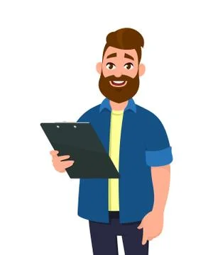 Man holding a clipboard/report/document. Vector illustration in cartoon style. Stock Illustration