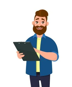 Man holding a clipboard/report/document. Vector illustration in cartoon style. Stock Illustration