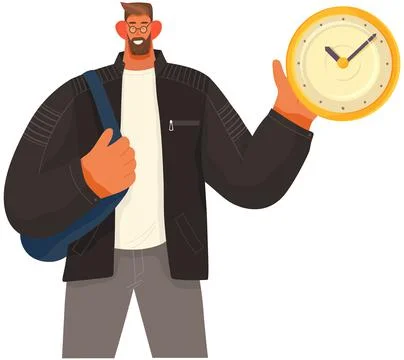 Man holding clock in hand to delay time. Character deals with deadline. Watch as Stock Illustration