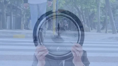 Man holding clock, sequence revealing crosswalk behind him and pedestrians, Stock Footage 332296016