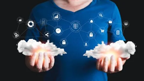 Man holding cloud computing diagram show on hand. Data storage.Cloud techno.. Stock Photos