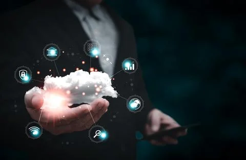 Man holding cloud computing diagram show on hand. Data storage.Cloud techno.. 스톡 사진