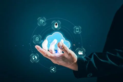 Man holding cloud computing diagram show on hand. Data storage.Cloud techno.. Фото