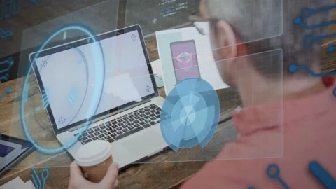 Man holding coffee, steadying mockup on laptop, initiating HUD rotating and Stock Footage 335465882