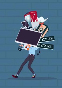 Man Holding Computer And Modern Electronics Gadgets Standing Over Blue Brick Illustrazione stock