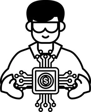 A man is holding a computer chip with a dollar sign on it Stock Illustration