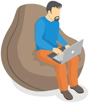 Man is holding computer device typing on keyboard. Guy sitting in bag chair with Stock Illustration