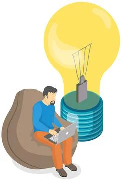 Man is holding computer device typing on keyboard. Guy sitting near burning bulb Stock Illustration