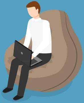Man is holding computer device typing on keyboard. Guy sitting in bag chair with Stock Illustration